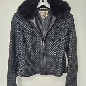 Marvin Richards Black Checkered Woven Black Leather Jacket With Removable Collar